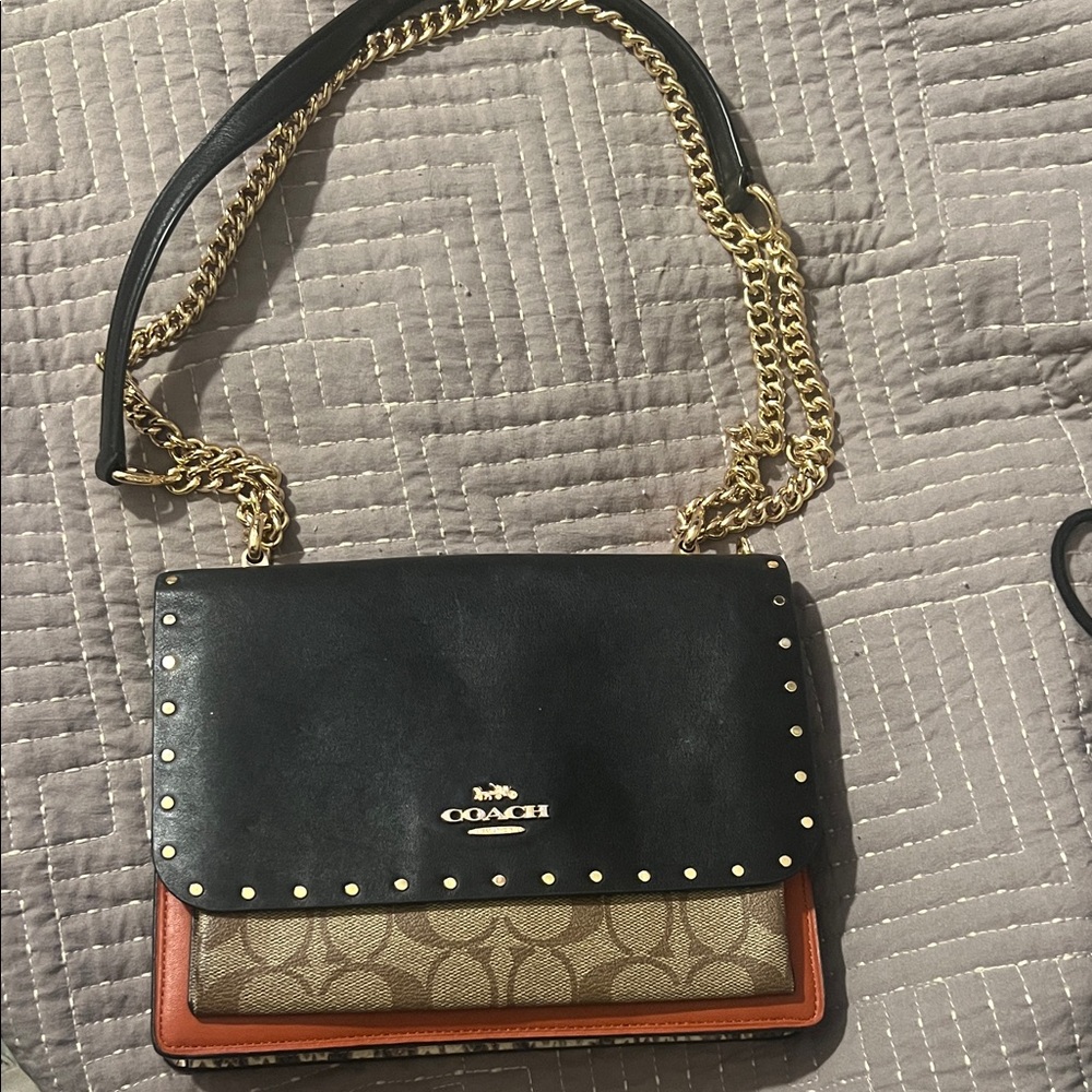 Coach Black and Tan Crossbody Bag with Gold Chain